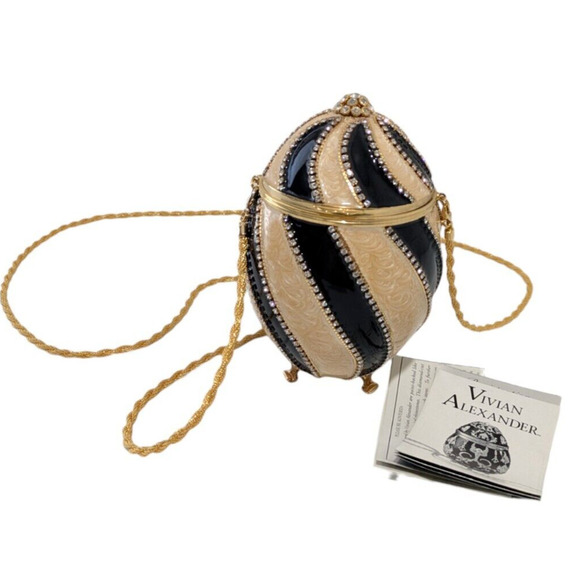 Vivian Alexander Black Gold Striped Enamel Crystal Bead Rhea Duchess II Egg Bag - Picture 1 of 16